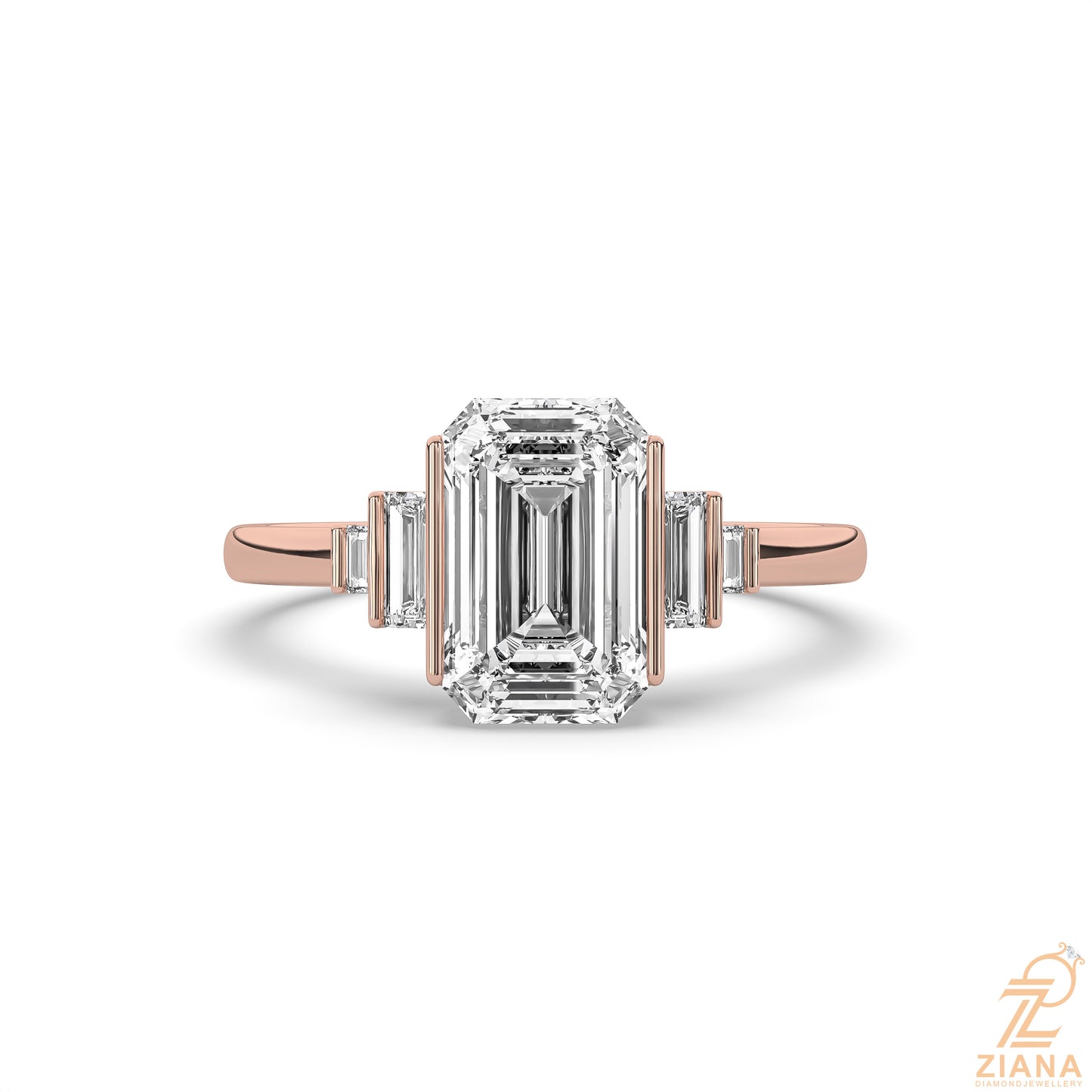emerald cut three stone lab grown diamond engagement ring