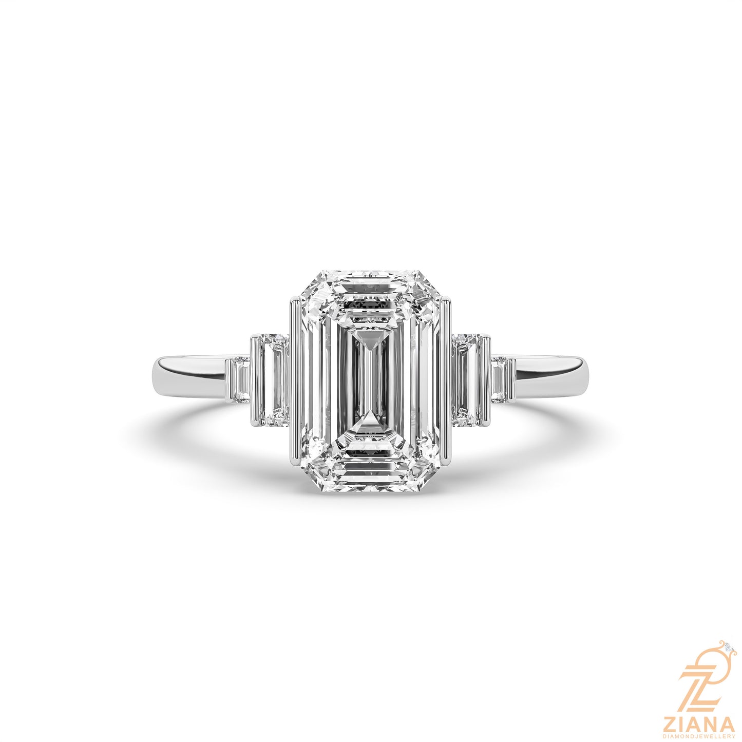 emerald cut three stone lab grown diamond engagement ring