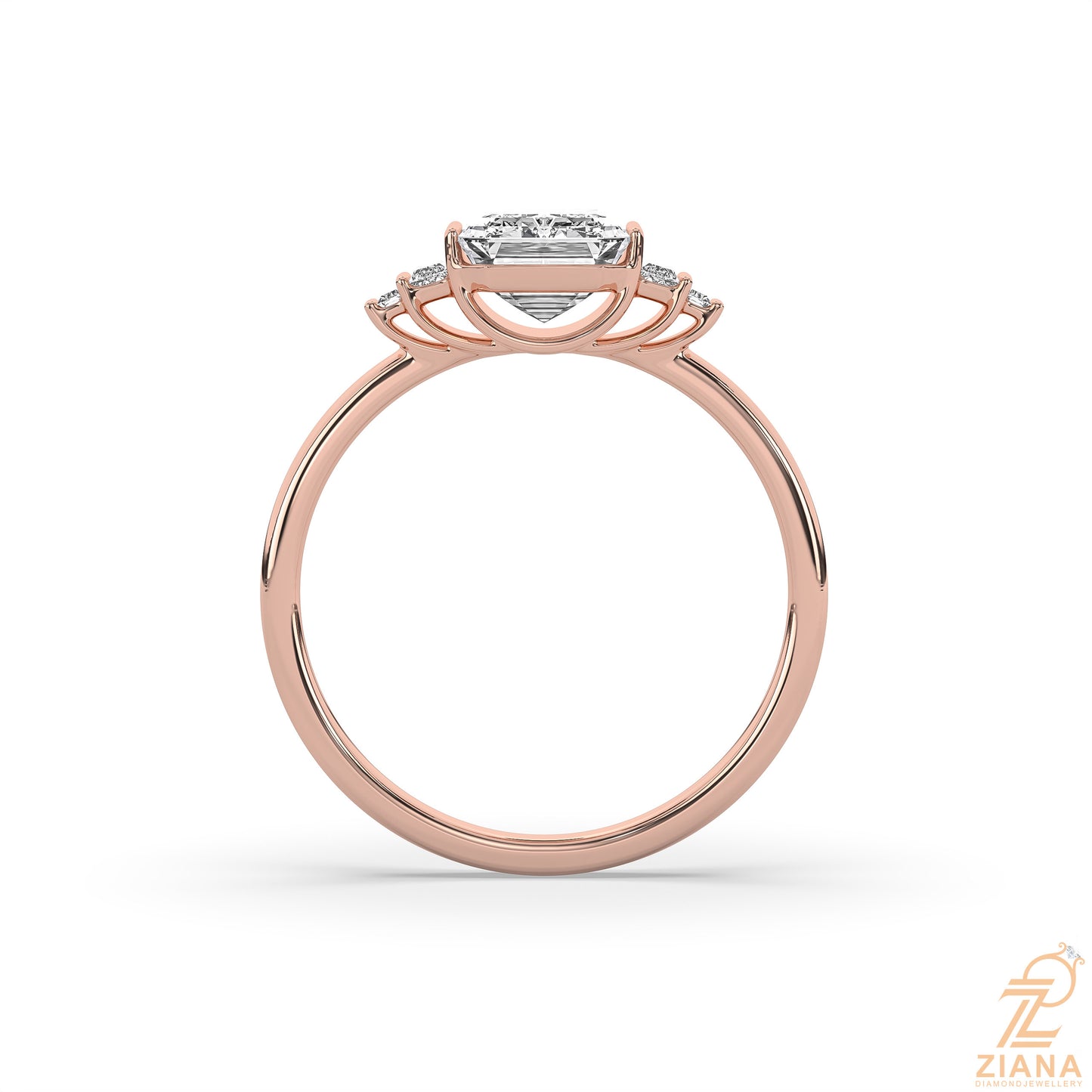 emerald cut three stone lab grown diamond engagement ring