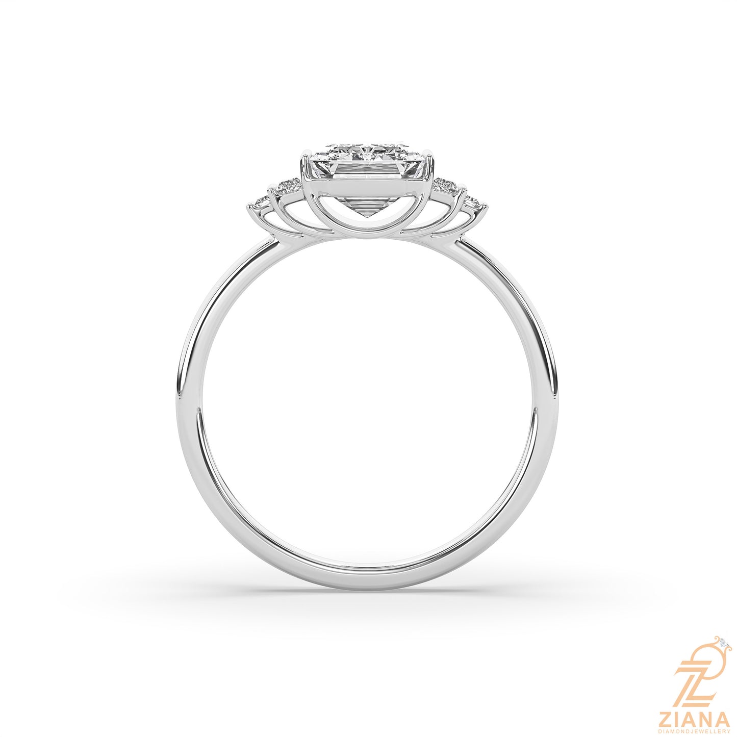 emerald cut three stone lab grown diamond engagement ring