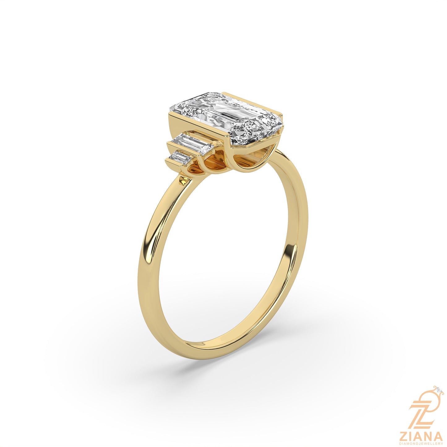 emerald cut three stone lab grown diamond engagement ring