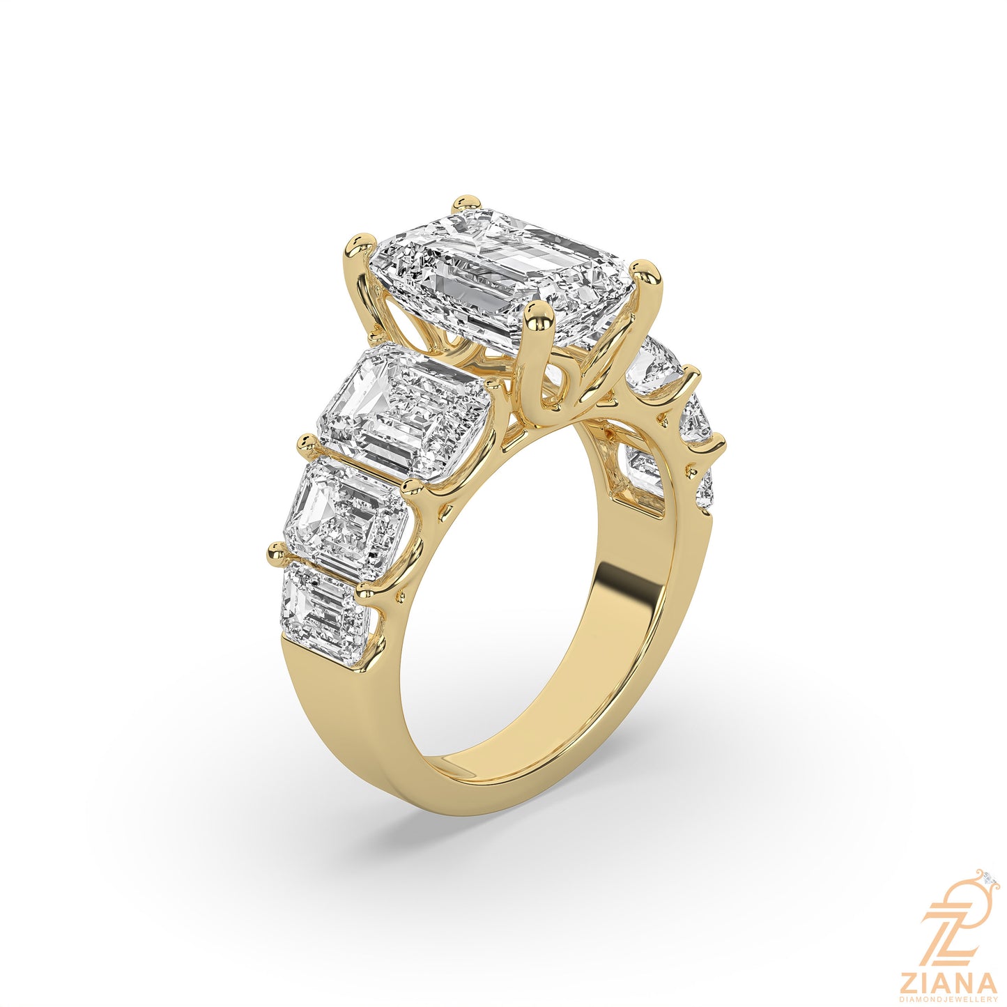 emerald cut diamond seven stone engagement ring