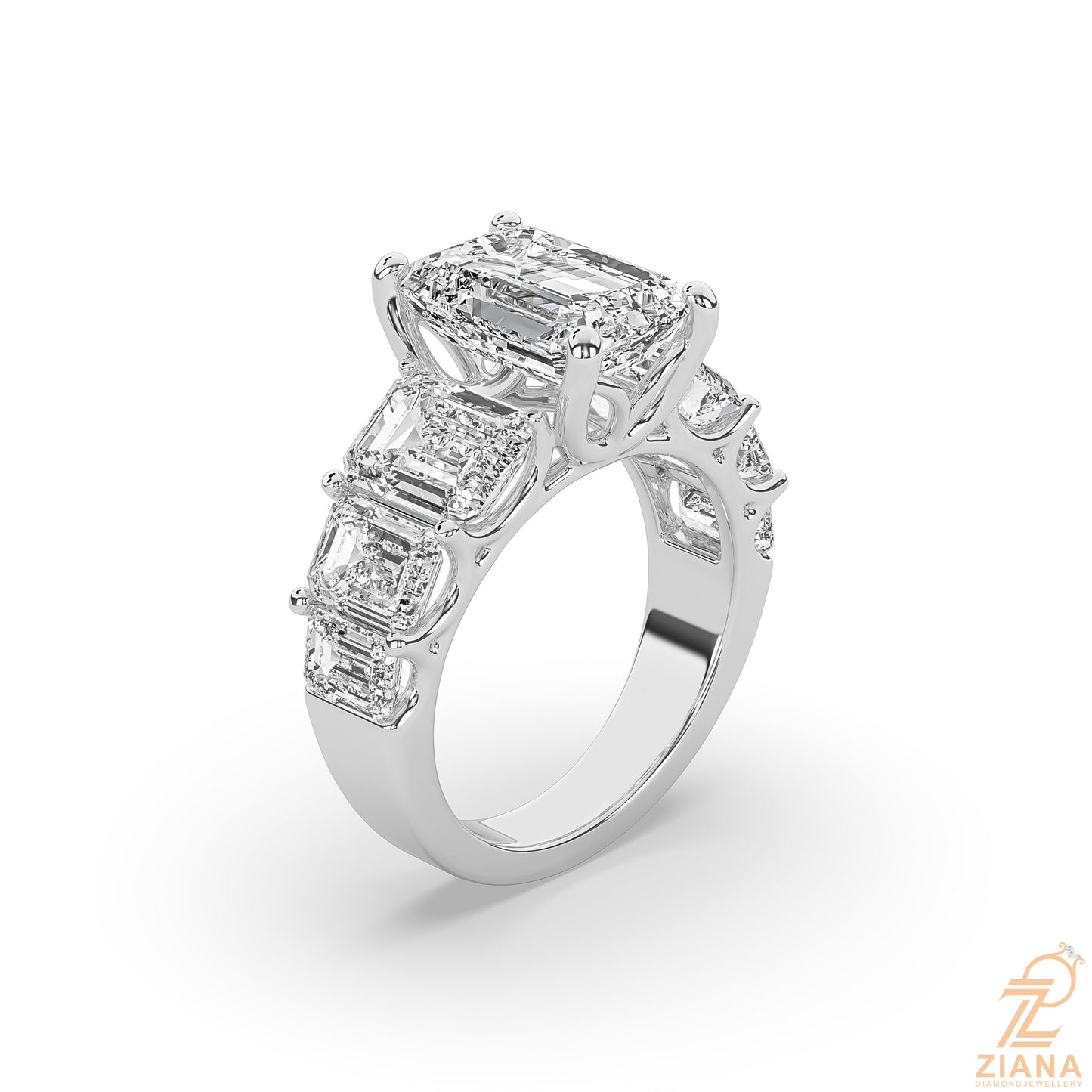 emerald cut diamond seven stone engagement ring