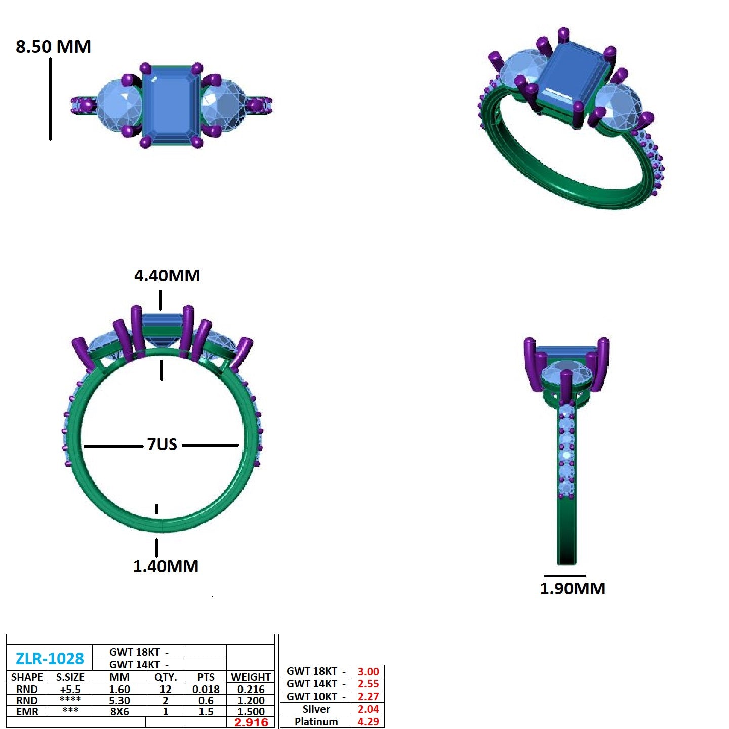 lumina three stone emerald engagement ring