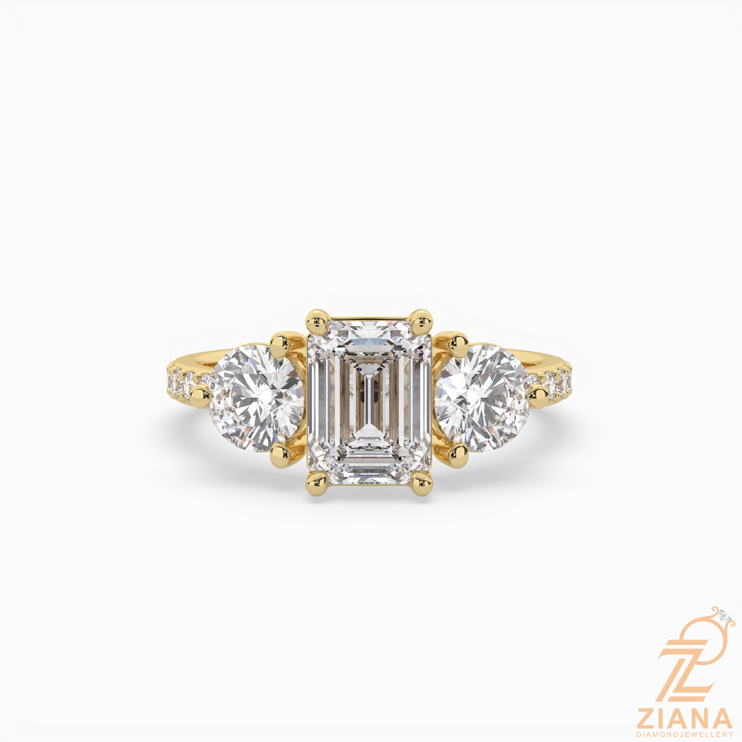 emerald cut three stone diamond engagement ring