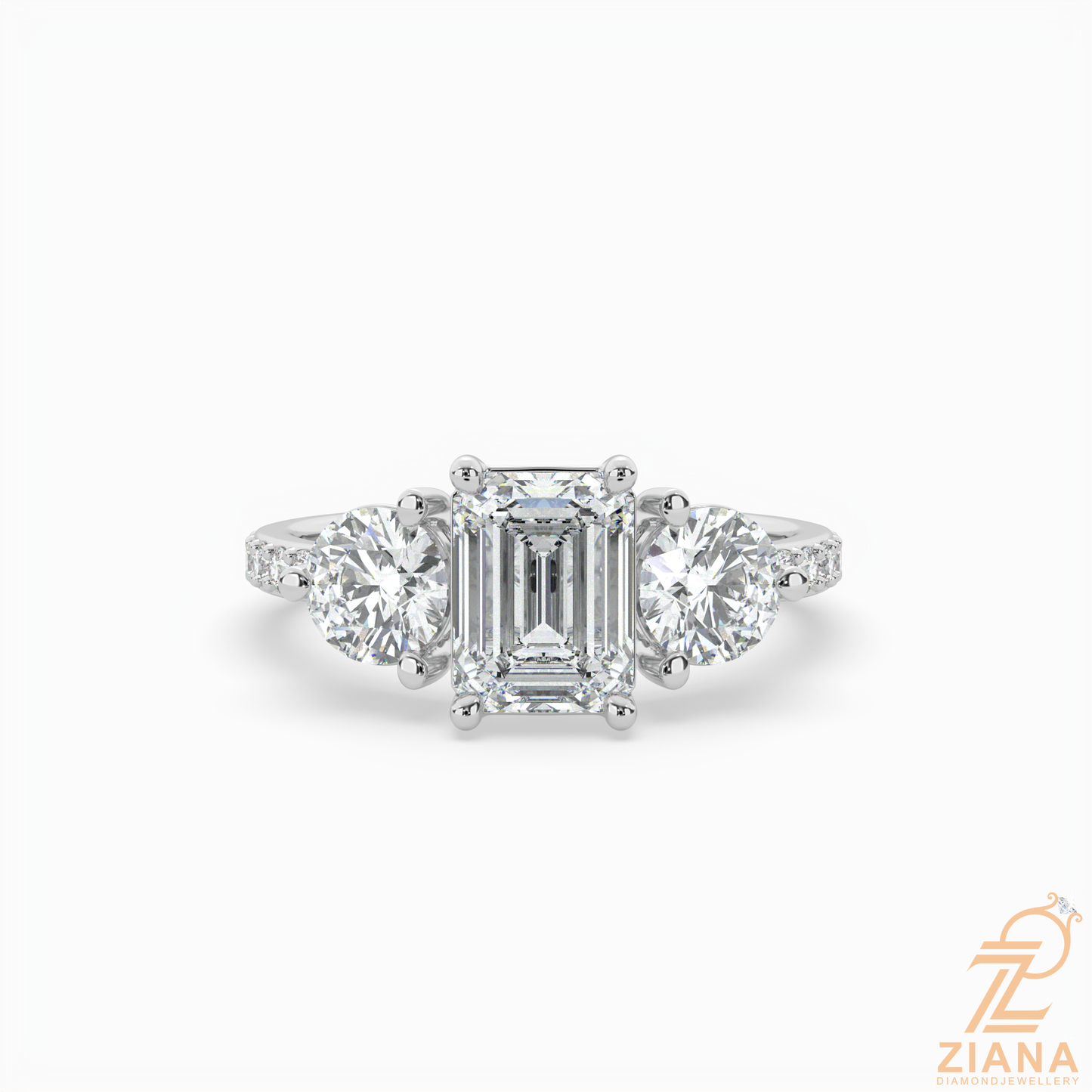 emerald cut three stone diamond engagement ring