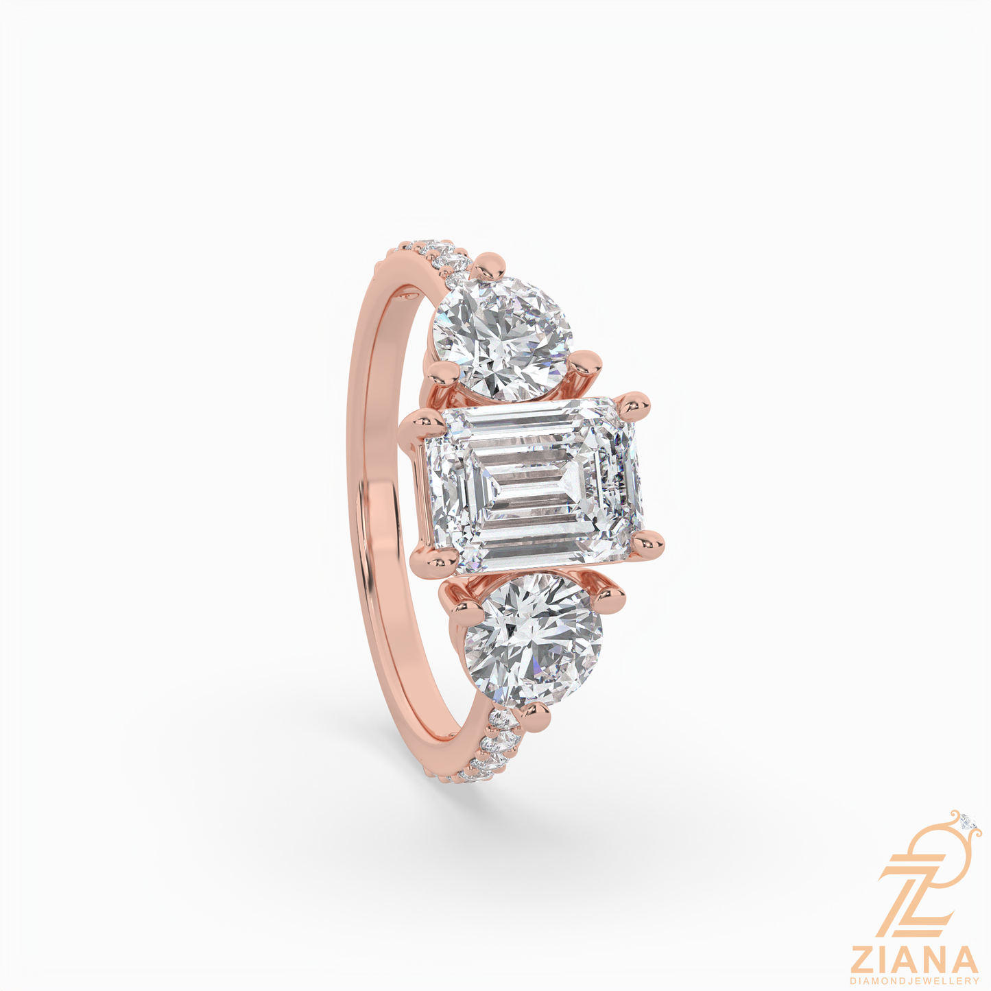 emerald cut three stone diamond engagement ring