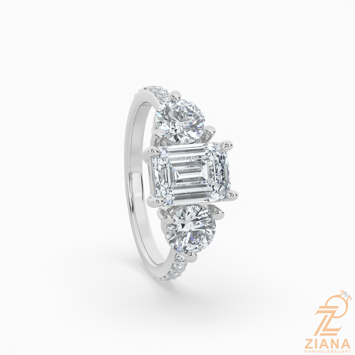 emerald cut three stone diamond engagement ring
