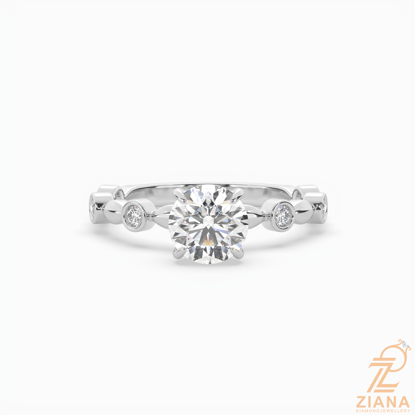 round brilliant cut diamond bezel accent engagement ring