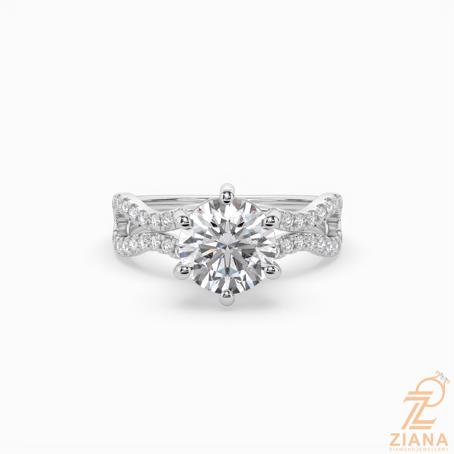 round brilliant cut diamond split shank engagement ring