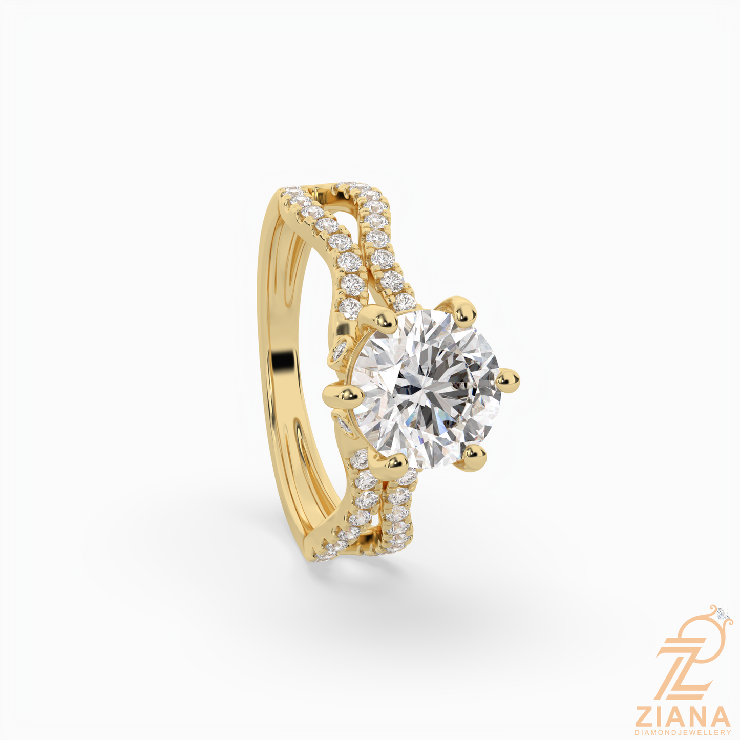 round brilliant cut diamond split shank engagement ring