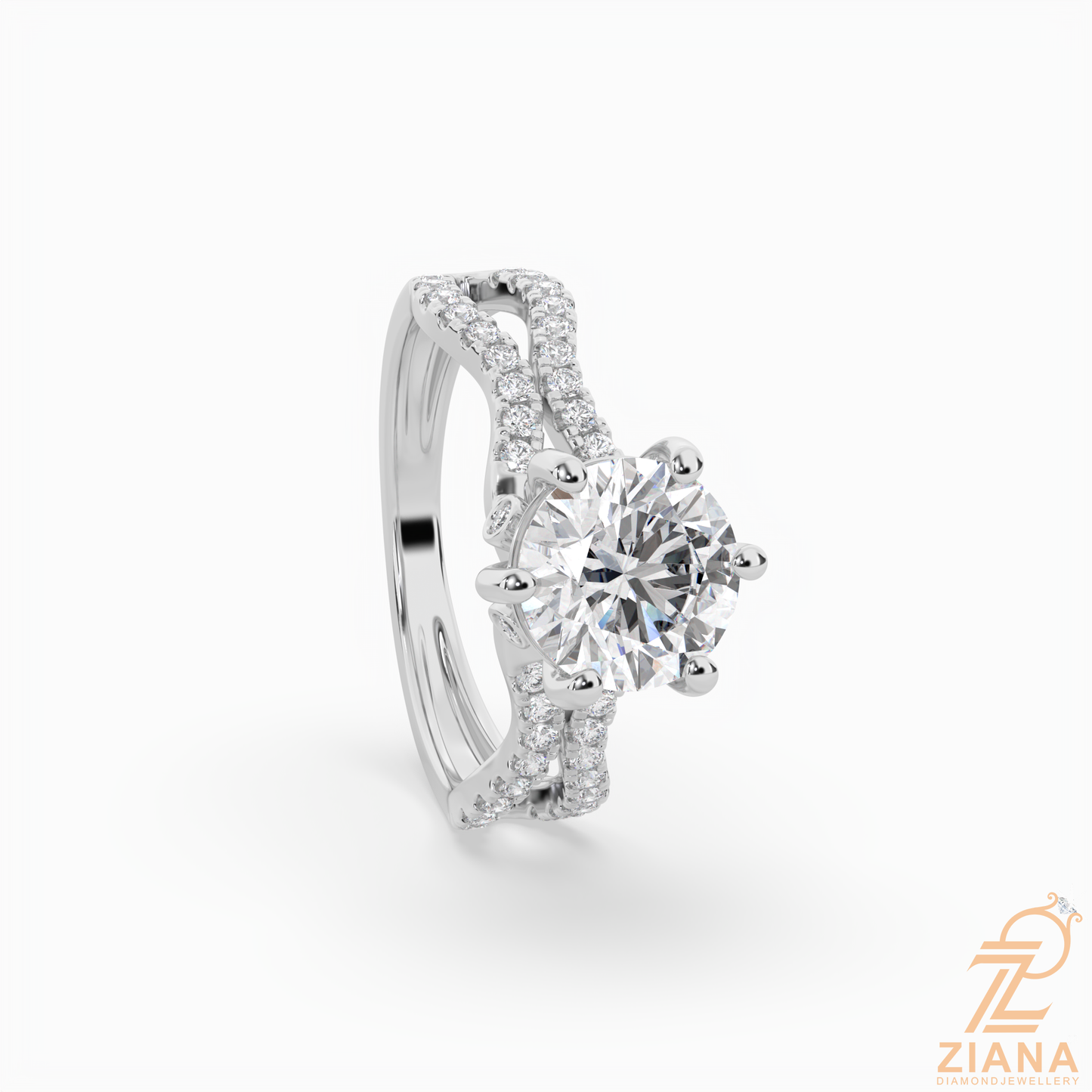 round brilliant cut diamond split shank engagement ring