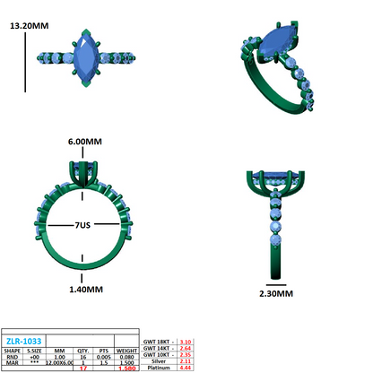 Marquise diamond Centre and bezel set diamond band engagement ring