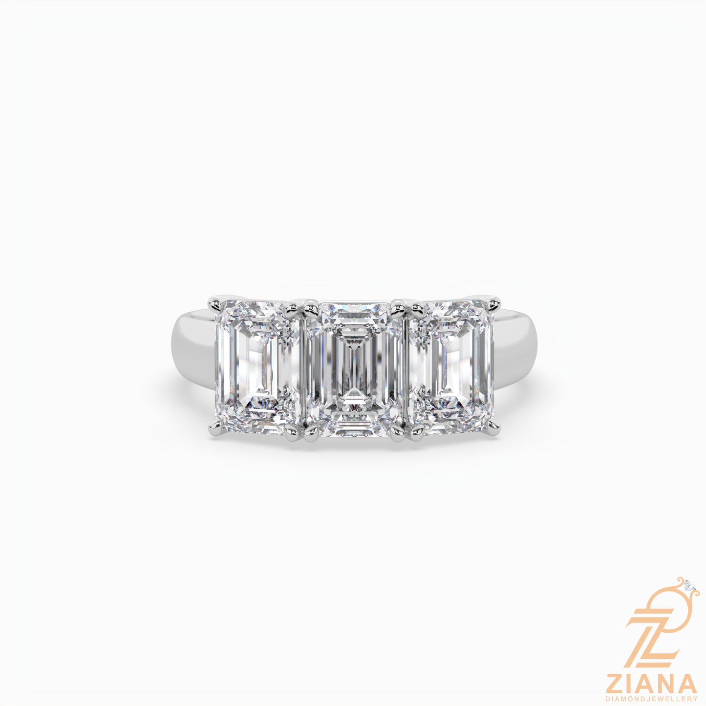 three stone emerald cut diamond engagement ring