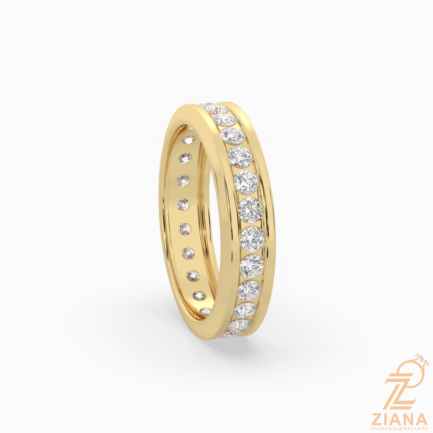 channel set round diamond wedding band ring